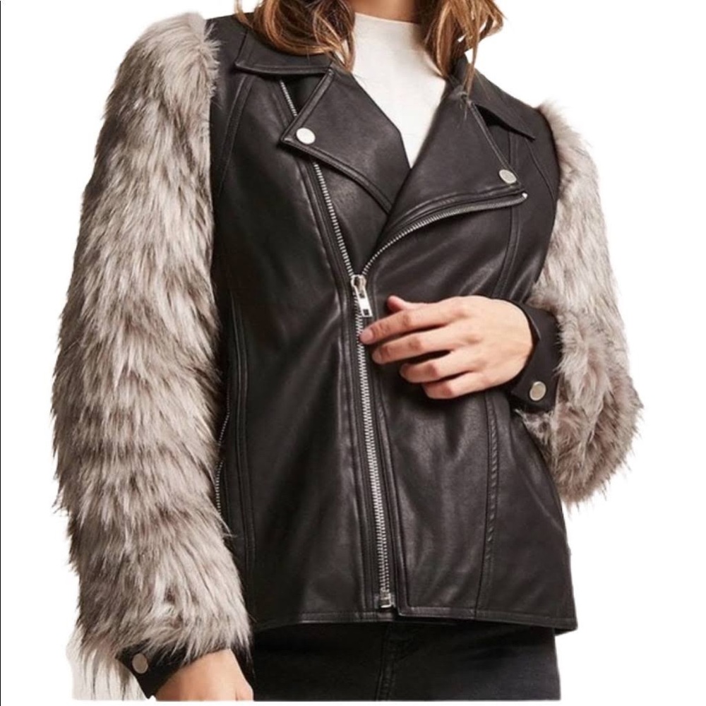 NWT: GOLDIE Black & Grey Faux Fur/Leather Sleeve Jacket